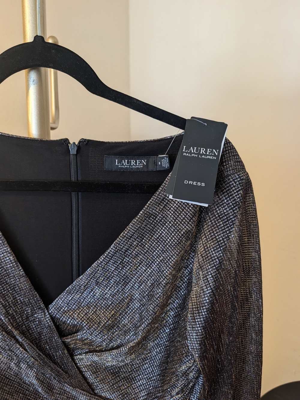 Ralph Lauren Black Dress with Metallic Bronze Wrap Bodice - Picture 2 of 3